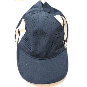 Navy Blue Perforated 5-Panel Running Hat Cap White Stripes Lightweight Athletic